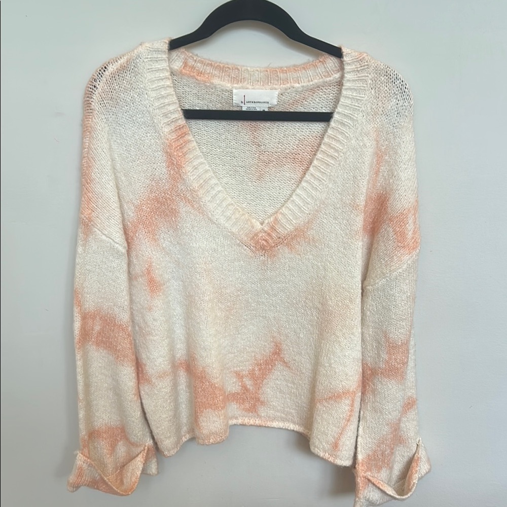 Anthropologie Pink and Cream V-Neck Sweater